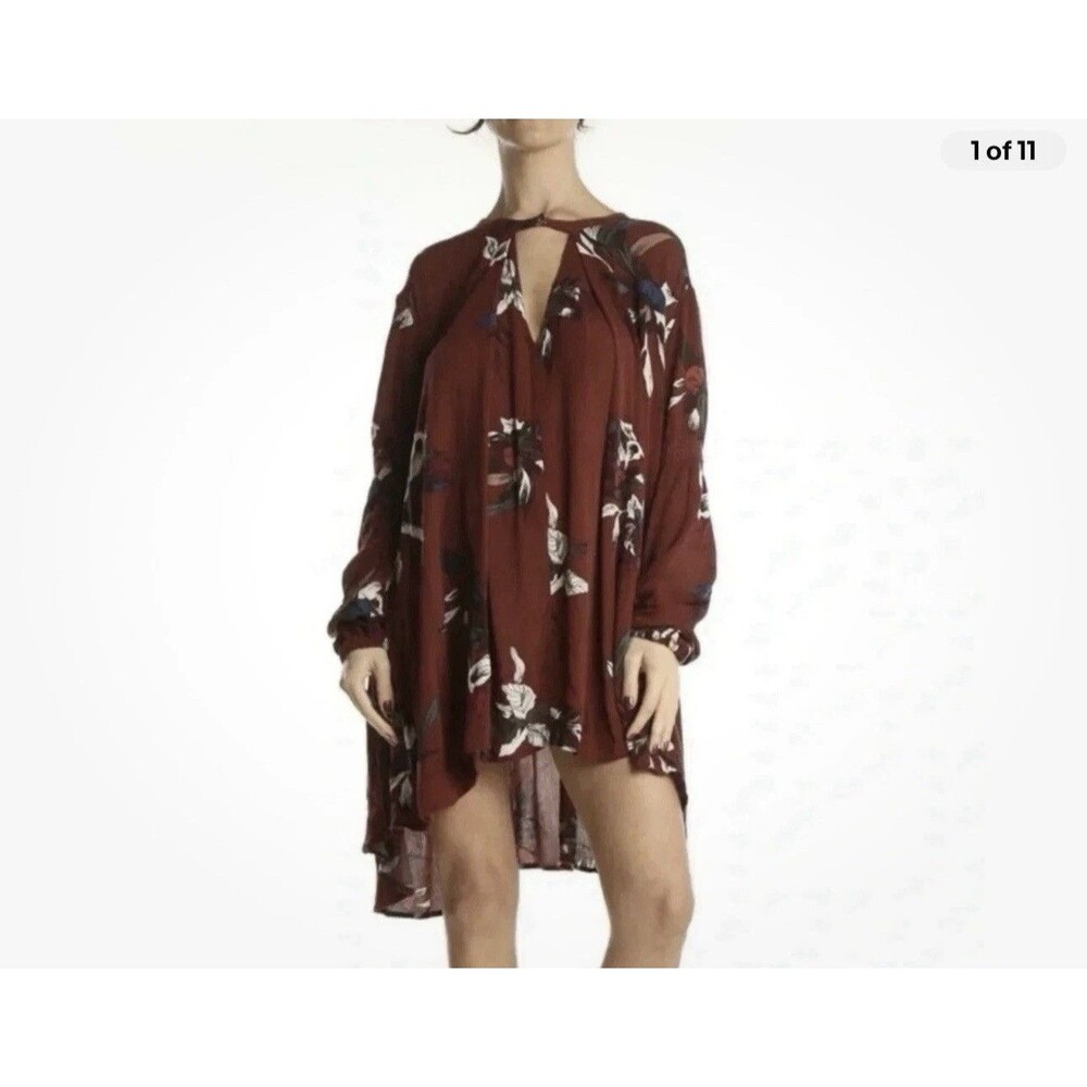 Free People Tree Swing Wine Floral Boho Hippie Cut Out Smocked Tunic Dress Small